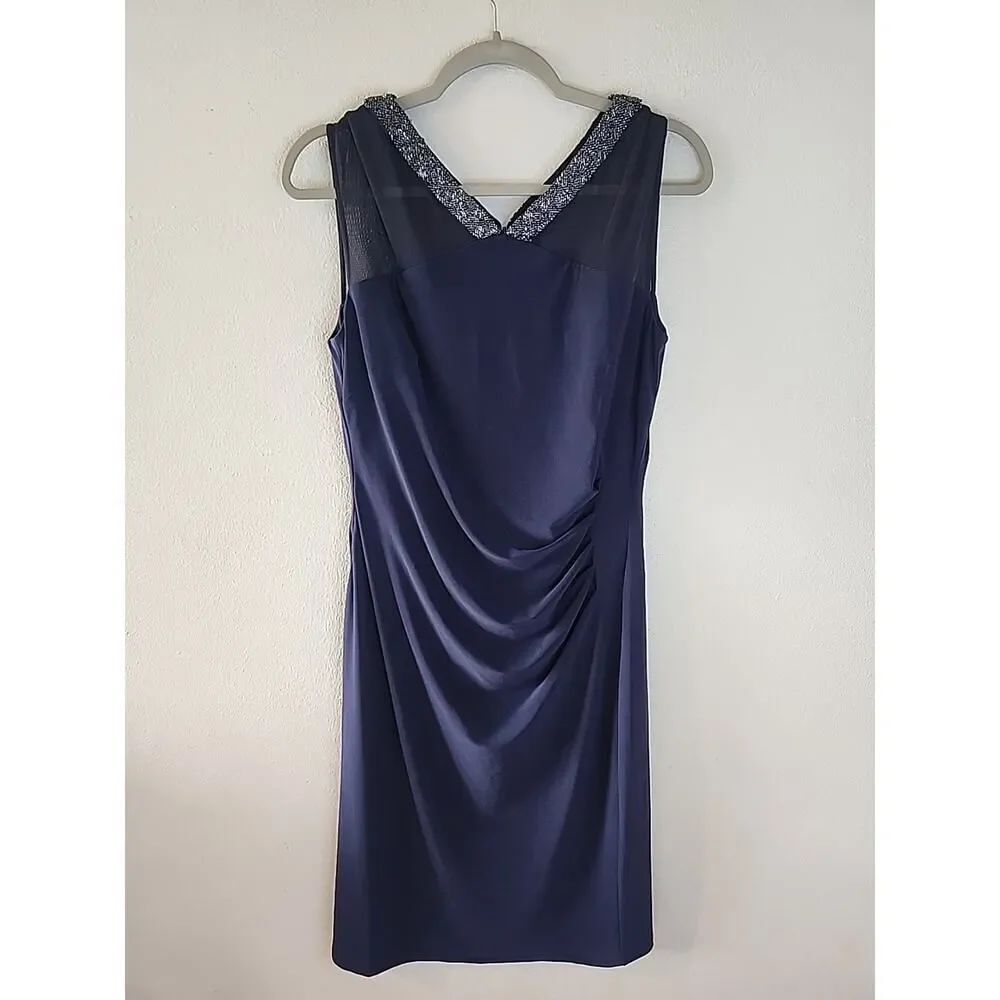 Lauren Ralph Lauren Kelly Blue Beaded Ruched Evening Dress Women 12 Cocktail